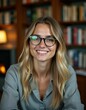 © GnOM - A blonde woman with glasses smiling warmly in a cozy library, surrounded by bookshelves and soft lighting