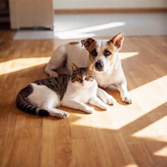 Sticker - A full shot photo of a dog and cat lying side by side in a sunny spot, shallow focus, low angle shot emphasizing their relaxed full-body poses and the surrounding environment.