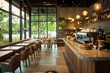 © AbdulHakim - Cafe Interior Design Showcases Espresso Machine, Seating, and Shelving with Greenery