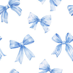  Seamless pattern with blue bows on white background. Watercolor illustration.