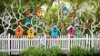 © Rabia - A whimsical white fence shaped like tree branches with colorful birdhouses hanging, AI Generated