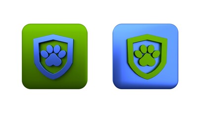 Wall Mural - Colorful Animal health insurance icon isolated on white background. Pet protection concept. Dog or cat paw print. Square button. 3D render illustration