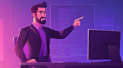 A bearded man in a suit points at a computer screen while standing at a desk in a purple room.