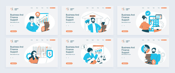 Poster - Business and finance concept of landing page with slide templates set in flat design. Website headers with people brainstorming, make data analysis, accounting, manage processes. Vector illustrations.