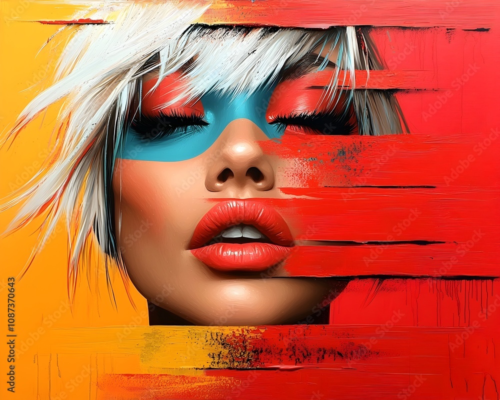 Vibrant pop art portrait of a woman with a range of dynamic emotive ...