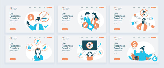 Poster - Childfree by choice concept of landing page with slide templates set in flat design. Website headers with people make decision not to have kids, save finance, denied parenthood. Vector illustrations.