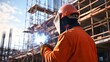 © Cozirlax - Skilled Construction Worker Welding at a Modern Building Site with Bright Sparks Flying in the Air Against an Urban Backdrop of Steel Framework and Clear Blue Sky