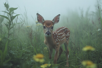 Fototapete - A fawn exploring misty meadow edge.