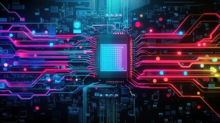 Poster - Motherboard interwoven with data fibers, vibrant colors, hightech neon lights, cyber aesthetic, digital painting with AI