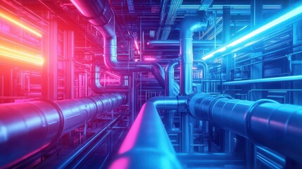 Aufkleber - Industrial machinery with complex chemical tubing, neon lights illuminating the scene, gritty details, futuristic factory setting, digital painting