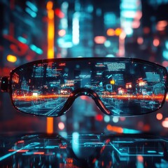 Leinwandbilder - Augmented reality glasses displaying information, futuristic urban setting, bright holographic display.