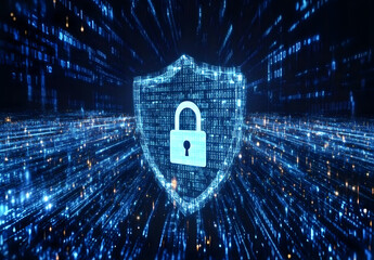 Wall Mural - Cybersecurity digital shield with a padlock icon on a dark blue background.