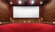 © l1gend - Modern red carpet wooden cinema hall with empty white mock up banner on wall. 3D Rendering.