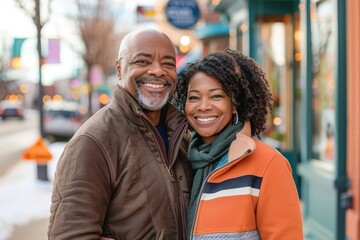 Wall Mural - Portrait of a grinning afro-american couple in their 40s sporting a stylish varsity jacket isolated in charming small town main street