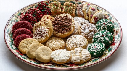 A festive plate filled with a variety of beautifully decorated Christmas cookies, ready to be enjoyed.