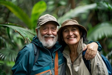 Wall Mural - Portrait of a cheerful latino couple in their 60s dressed in a water-resistant gilet in front of lush tropical rainforest