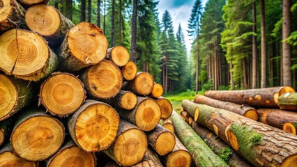 A pile of freshly cut logs in a dense forest, showcasing the rings of the felled trees against a backdrop of towering pines.