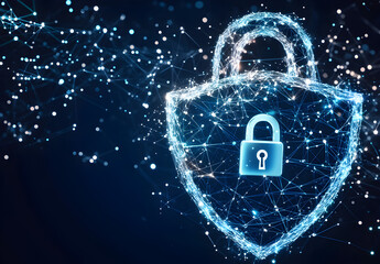 Wall Mural - Cybersecurity digital shield with a padlock icon on a dark blue background.