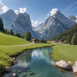 © IRINA - Mountain river in tranquil atmosphere reflecting majestic mountains and blue sky