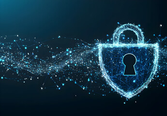 Wall Mural - Cybersecurity digital shield with a padlock icon on a dark blue background.
