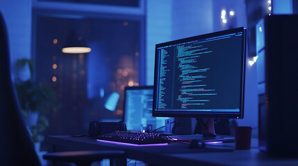 Code on a computer screen, a technology background