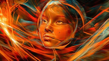 Wall Mural - A vibrant, abstract portrait showcasing a serene face surrounded by dynamic swirls of orange and red hues, evoking emotion and energy.