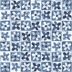 Wall Mural - Seamless watercolor pattern. Blue cells and flowers. Cute patchwork textile print. Handicraft.