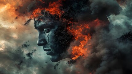 Poster - Surreal Representation of a Fiery Face Emerging from Dark Clouds Amidst Chaotic Elements, Symbolizing Inner Turmoil and Transformation in a Dramatic Landscape