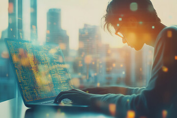 Dedicated programmer engaging in software development with java script code on laptop screen