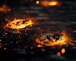 Aufkleber - A cryptocurrency is a digital or virtual currency secured by cryptography, Glowing coins surrounded by sparks and water, symbolizing digital currency and innovation.