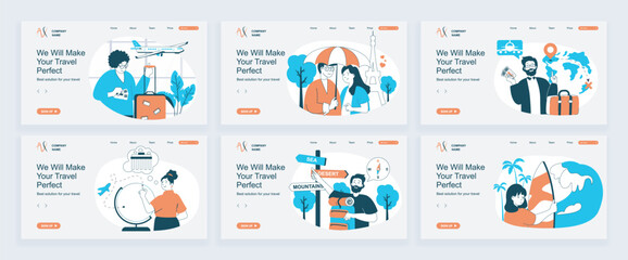 Fototapete - Travel concept of landing page with slide templates set in flat design. Website headers with people go in vacation, travelling in couple, booking tickets, planning global trip. Vector illustrations.