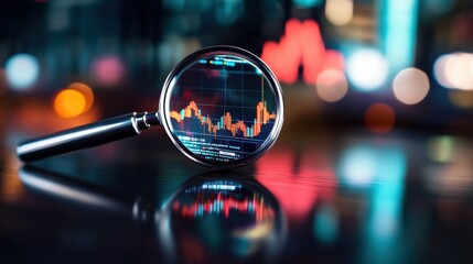 Leinwandbilder - Trading analysis concepts. A magnifying glass focuses on a financial graph, symbolizing analysis and data interpretation.