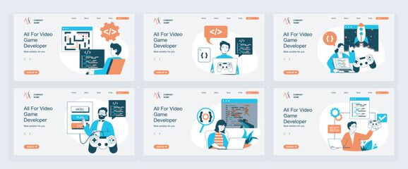 Leinwandbilder - Video game developer concept of landing page with slide templates set in flat design. Website headers with people write code for computer games, testing interface with joystick. Vector illustrations.