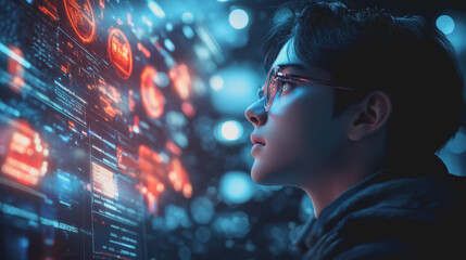 Focused Programmer Engaged in Brainstorming Ideas on a Large Touchscreen Interface in a Futuristic Environment