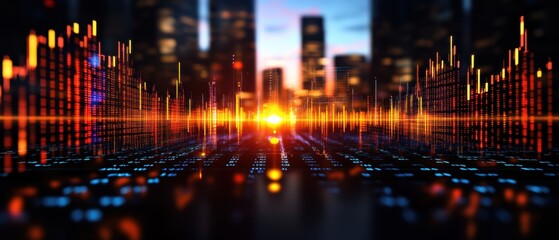 Leinwandbilder - Abstract digital financial landscape with vibrant light trails and city skyline at sunset.