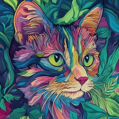 Wall Mural - Colorful abstract illustration of a cat with vibrant green eyes surrounded by artistic leaves in a psychedelic style