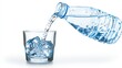 © яна винникова - Refreshing cold water is poured from a plastic bottle into a glass filled with ice cubes on a bright afternoon