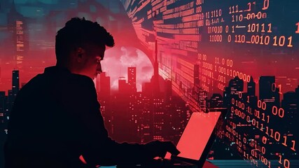 Silhouette of a man using a laptop with a red-lit futuristic cityscape and binary code overlay. Cybersecurity and data analysis concept