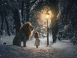 © Ostrich - A little and a lion looking up at a lamp in a snowy winter wonderland.