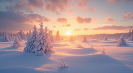 Serene winter sunrise over snowy landscape