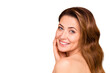 © deagreez - Close up side profile photo beautiful amazing mature she her lady white teeth salon spa procedures aesthetic pretty ideal appearance nude arm hand palm touch cheek isolated pastel beige background