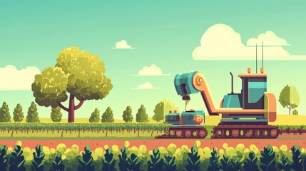 Aufkleber - Advanced robotic machines are actively working in a lush green farm, planting and harvesting crops under sunny conditions. Generative AI