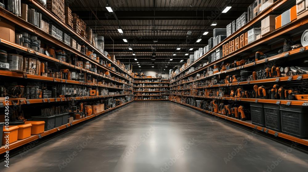 Wide-angle view of a hardware store aisle with shelves stocked with ...