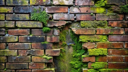 Wall Mural - A weathered brick wall with a thick coating of moss growing on it, showcasing the natural beauty of decay and the resilience of nature