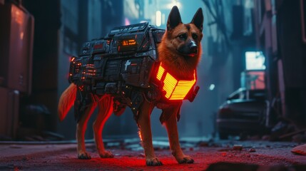 Wall Mural - Futuristic german shepherd dog equipped with high-tech armor and glowing red accents stands alert on a gritty, debris-strewn city street in a dystopian urban setting