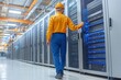 © SerPak - A technician inspects server racks in a high-tech data center, ensuring optimal performance.