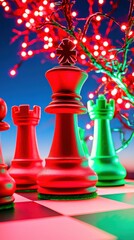 Wall Mural - Christmas chess Colorful chess pieces with festive lights in the background.