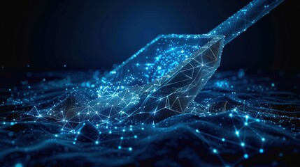 Wall Mural - abstract digital shovel digging into a blue digital landscape, made of glowing lines and particles.