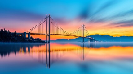 Poster - A stunning sunset view of a bridge reflecting in calm waters, surrounded by mountains and trees, creating a picturesque landscape.