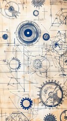  Vintage Mechanical Blueprint Drawing with Gears